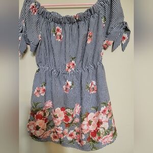 Blush Navy Floral Striped Off-Shoulder Dress